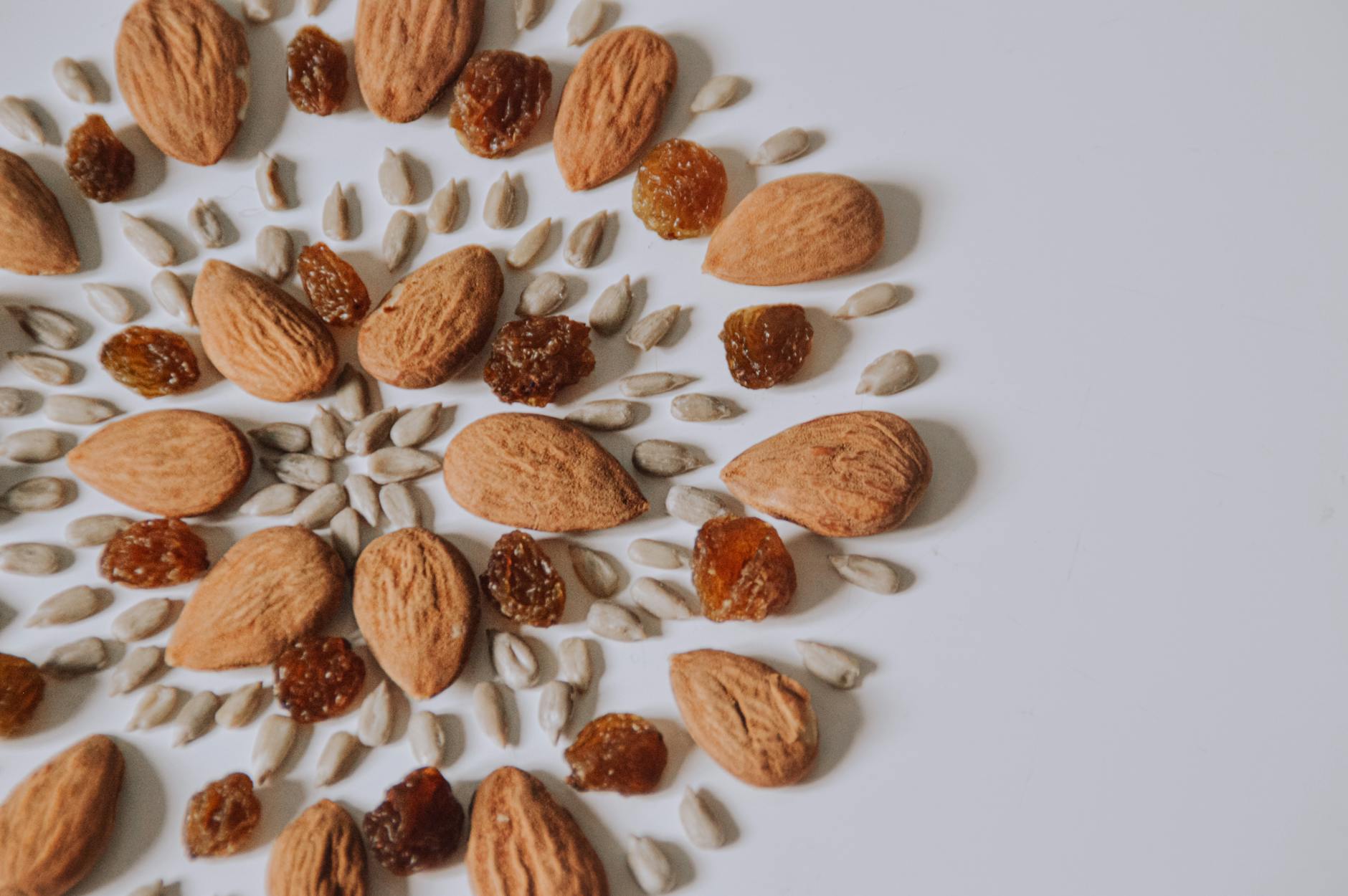 a close up shot of nuts seeds and raisins