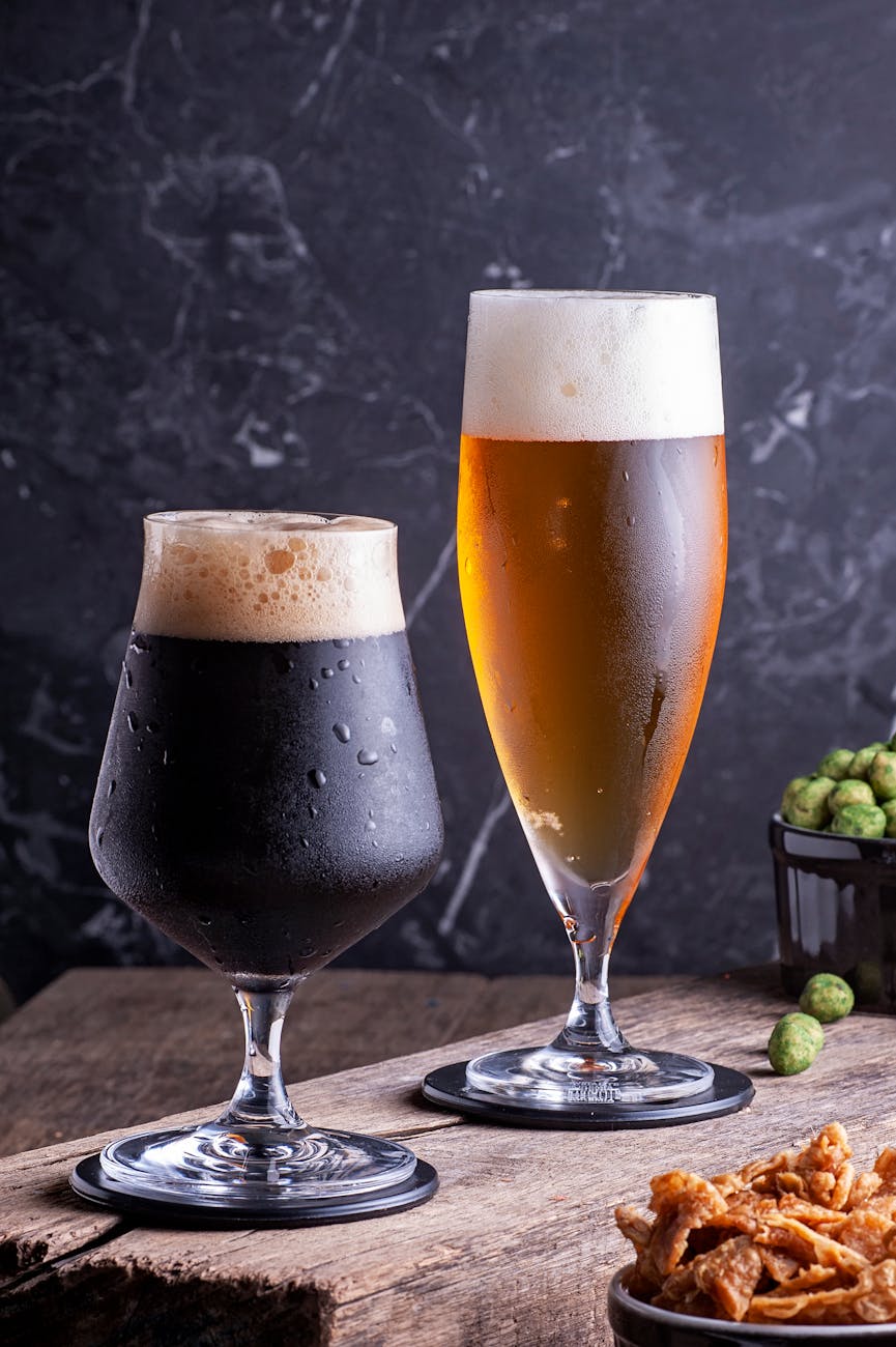 refreshing craft beers on wooden table