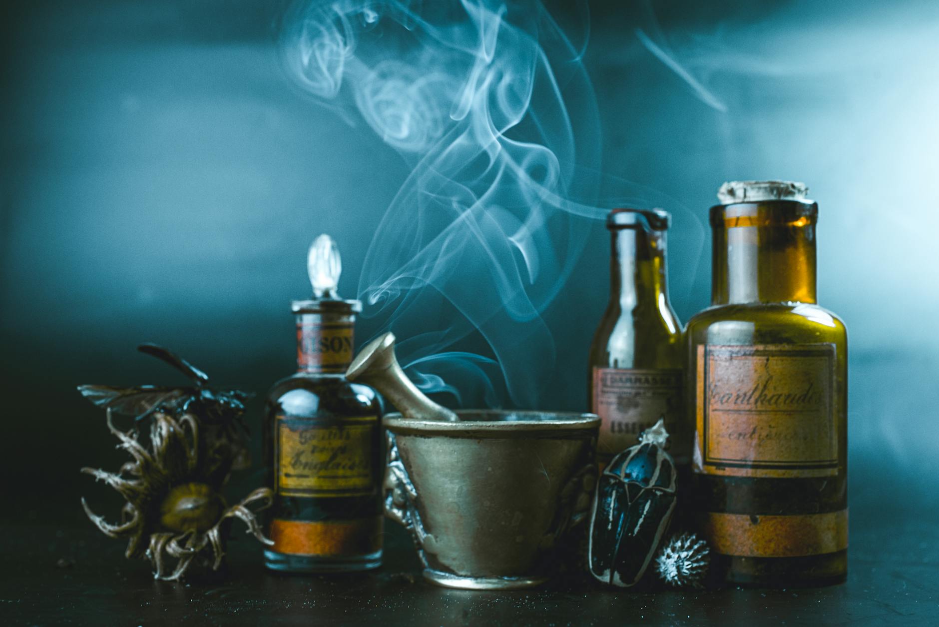 mystical apothecary bottles with smoky aroma