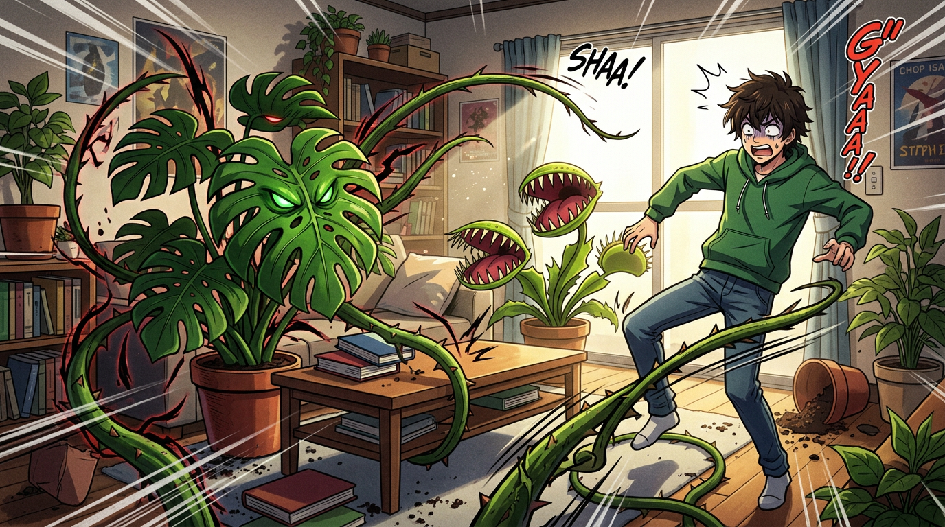Two aggressive monster plants with sharp teeth and glowing eyes attacking a frightened young man in a living room