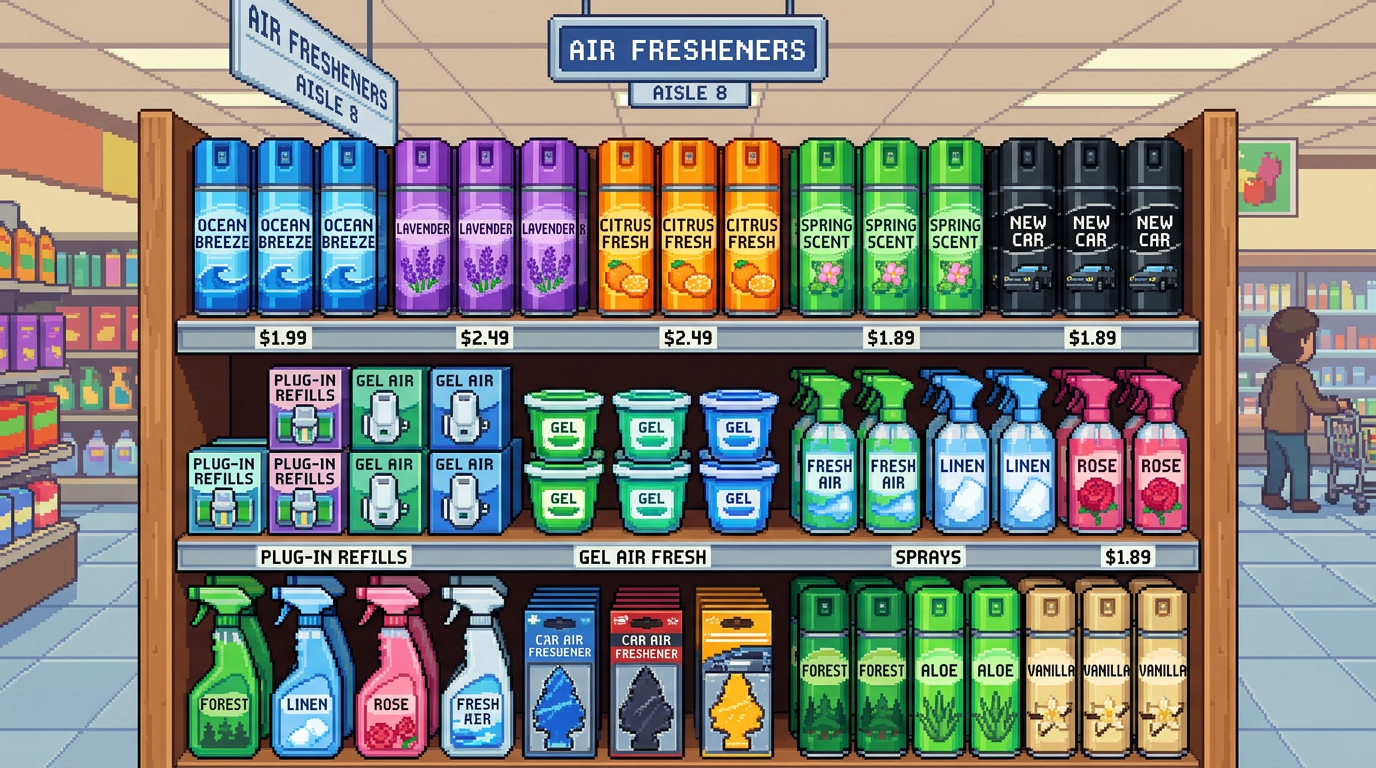 Various air fresheners including sprays, gels, plug-ins, and car fresheners on store shelves