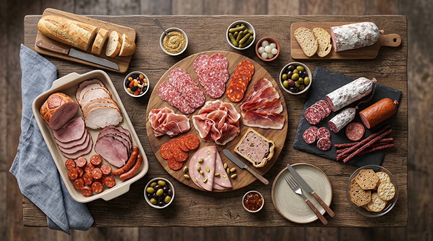 Assorted sliced cured meats, bread, olives, pickles, mustard, and crackers arranged on wooden board and table.