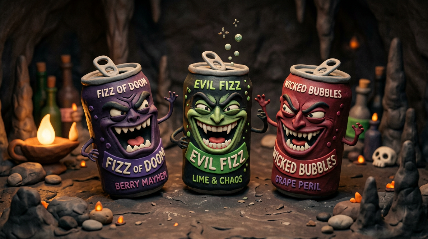 Three villainous soda cans named Fizz of Doom, Evil Fizz, and Wicked Bubbles with angry faces