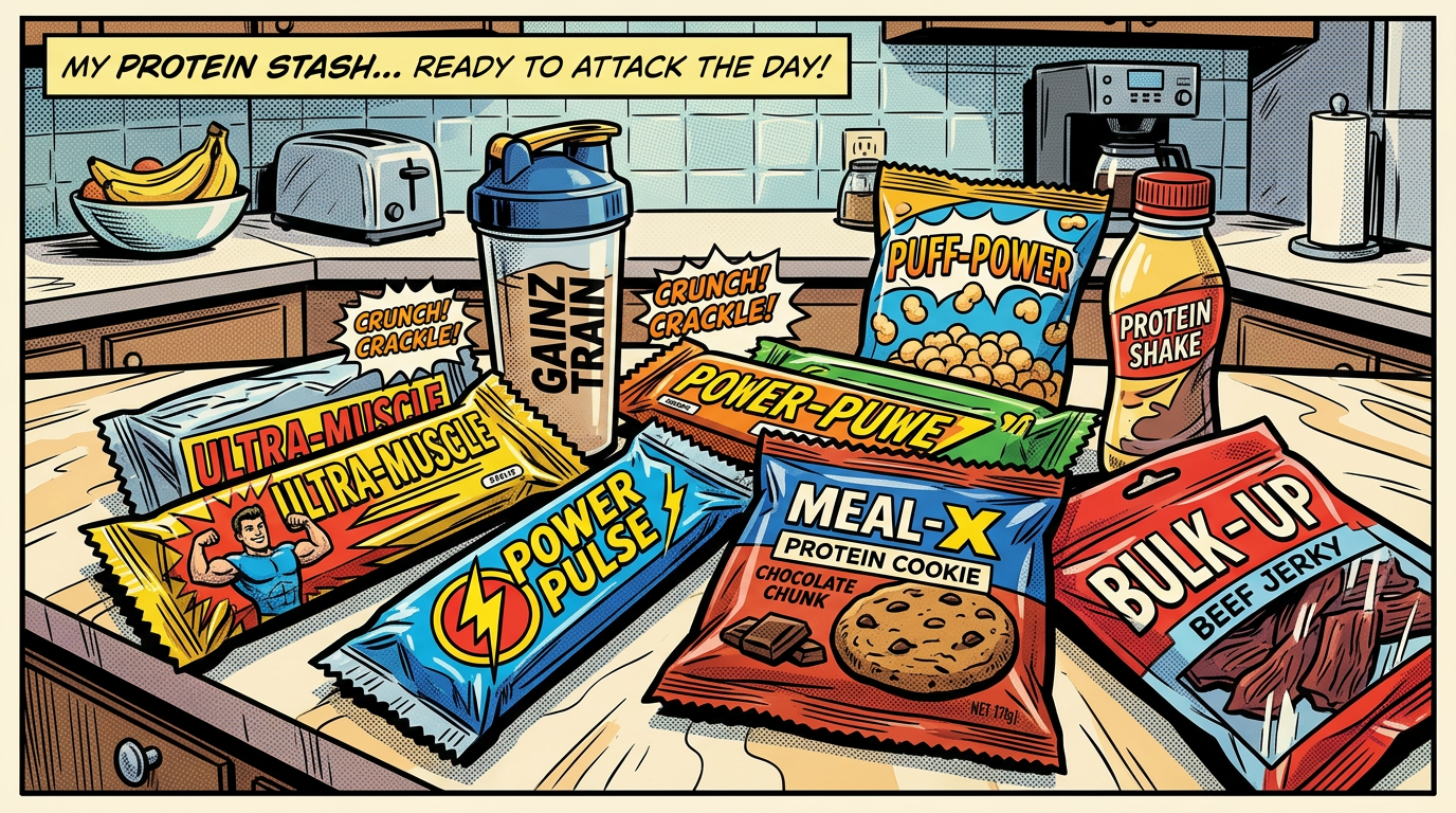 Various protein bars, beef jerky, protein cookie, shake, and snack puffs on kitchen counter
