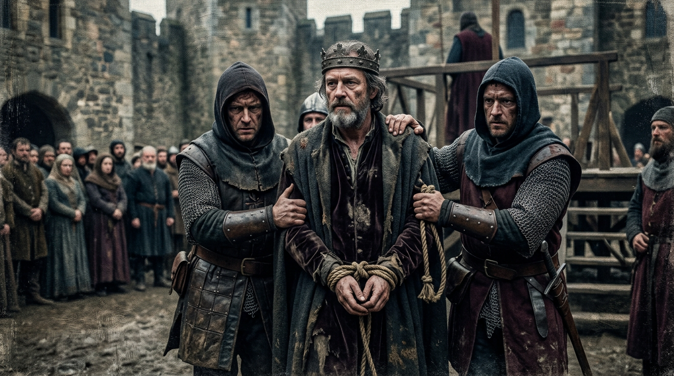 Bound king wearing a crown escorted by two armored guards in a medieval castle courtyard with onlookers