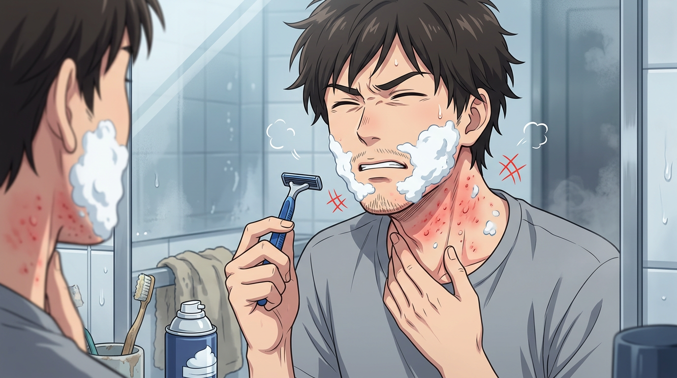 Man with shaving cream on face and red irritated skin on neck, holding a razor and grimacing in front of bathroom mirror