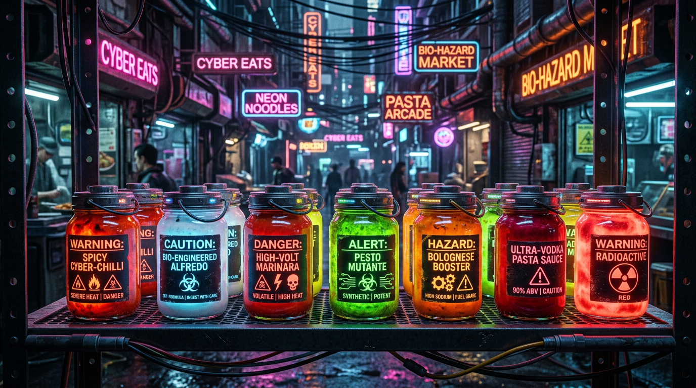 Jars of neon-glowing pasta sauces with warning labels in a cyberpunk street market