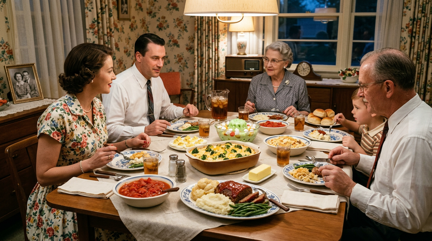 Family sitting around table having dinner with meatloaf, vegetables, and gelatin salad