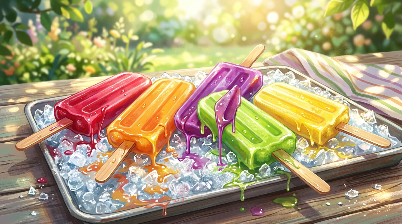 Red, orange, purple, green, and yellow popsicles melting on ice tray