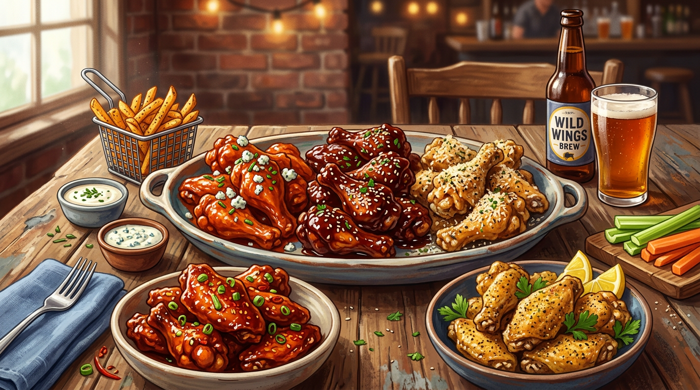 Plates of buffalo, barbecue, and seasoned chicken wings with fries, dips, celery, carrots, and beer