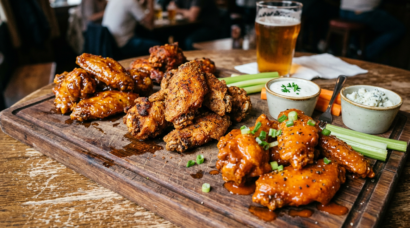 Chicken wings with different sauces on a wooden board, celery sticks, dipping sauces, and a beer glass