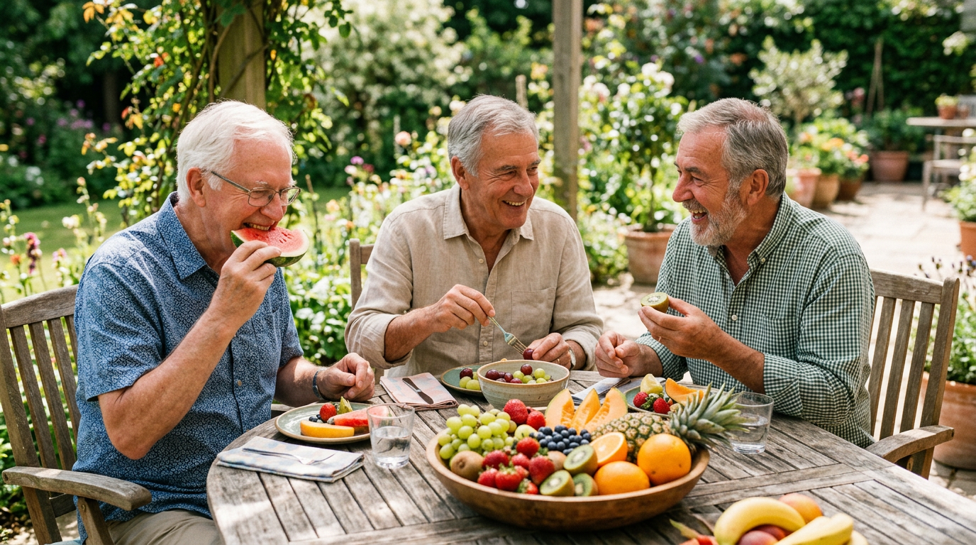 Three elderly men sitting at a wooden table outdoors eating a variety of fresh fruits together