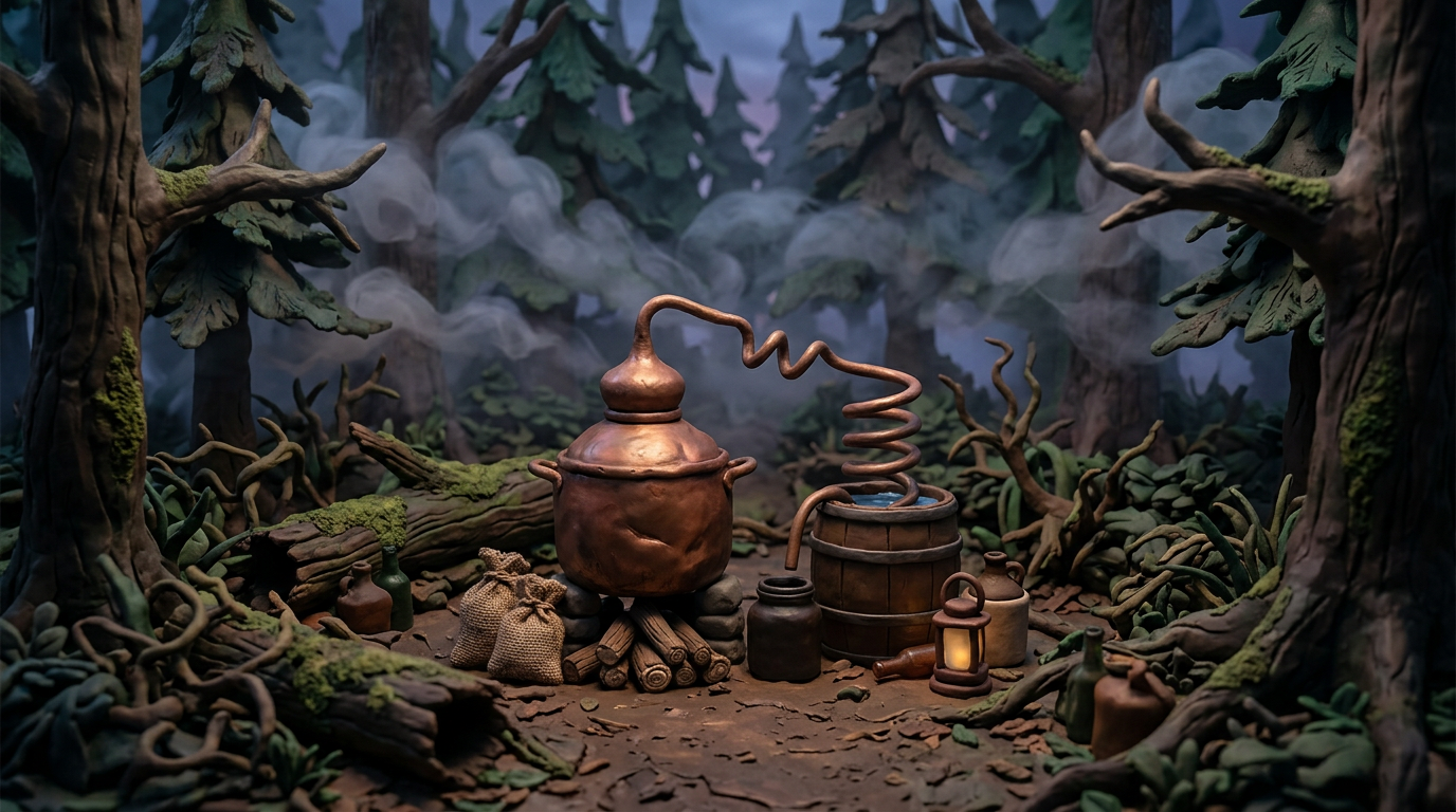 Copper still distilling liquid with smoke in forest clearing surrounded by jars, sacks, and logs