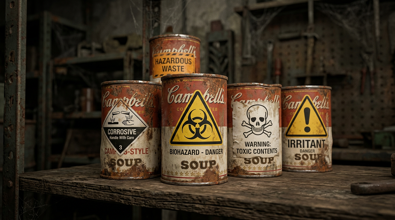 Rusty Campbell's soup cans with corrosive, biohazard, toxic, irritant, and hazardous waste warning labels