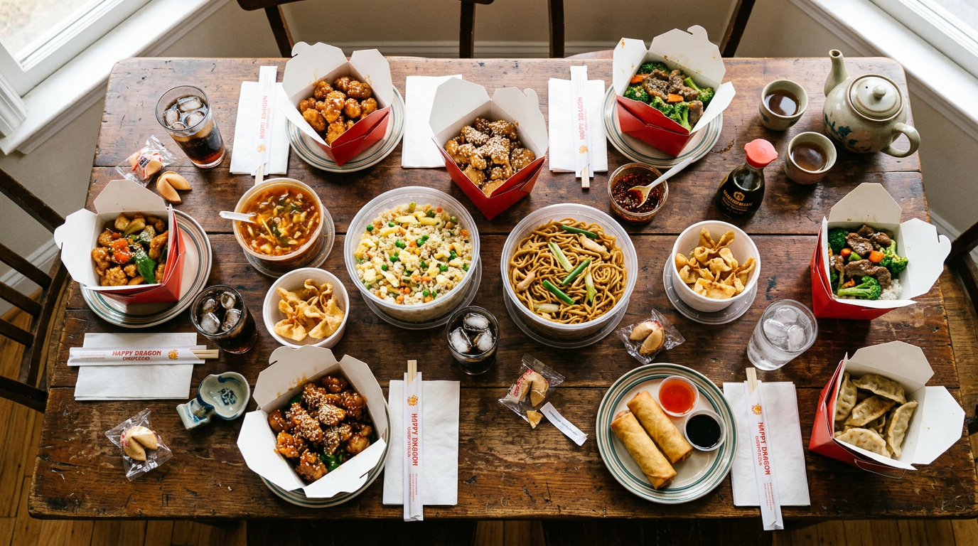 Chinese takeout containers with various dishes including noodles, fried rice, dumplings, and spring rolls