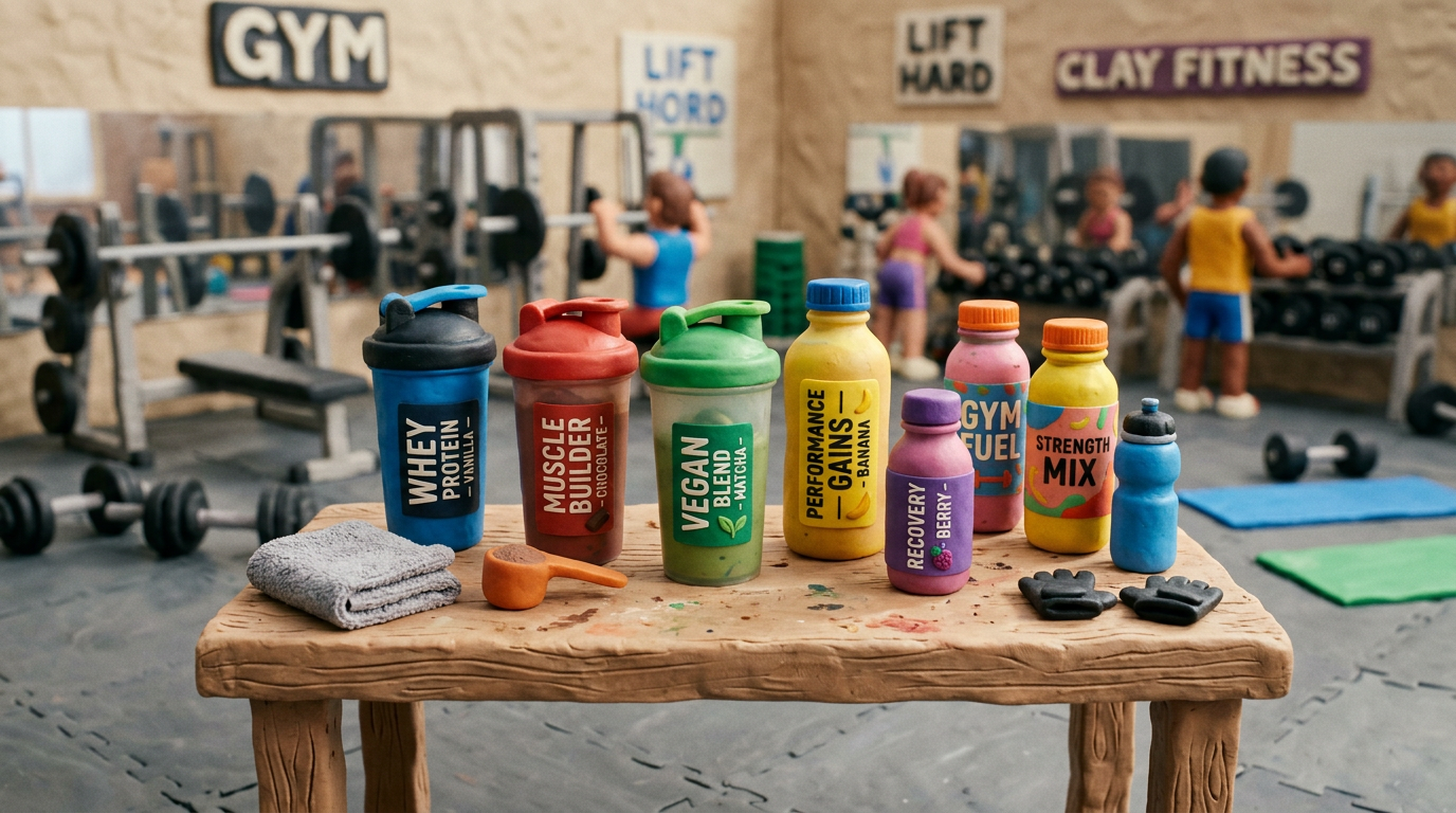 Various fitness supplement bottles, shaker cups, and gear on a gym bench