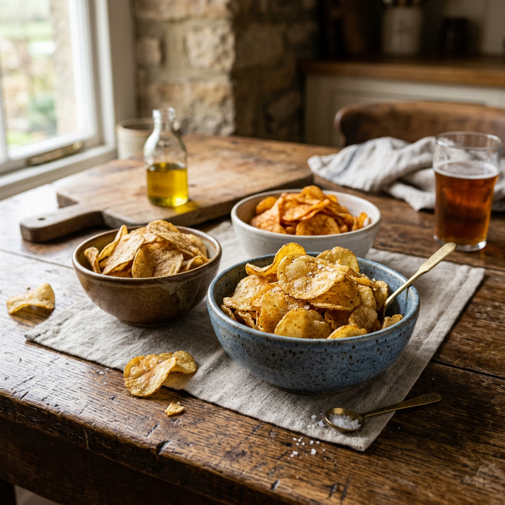 Three bowls filled with various potato chips on a rustic wooden table with a glass of amber drink and a bottle of olive oil in the background