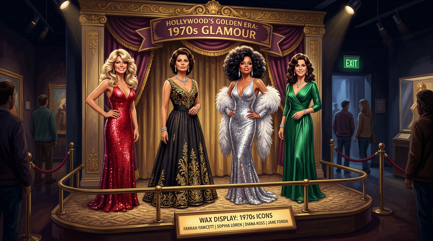 Wax figures of Farrah Fawcett, Sophia Loren, Diana Ross, and Jane Fonda in elegant 1970s-style dresses