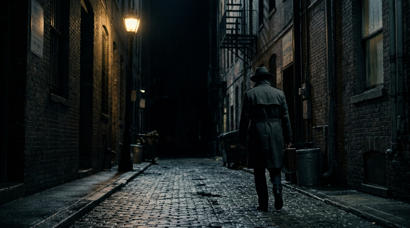 Mobster disappearing into dark alley shadows