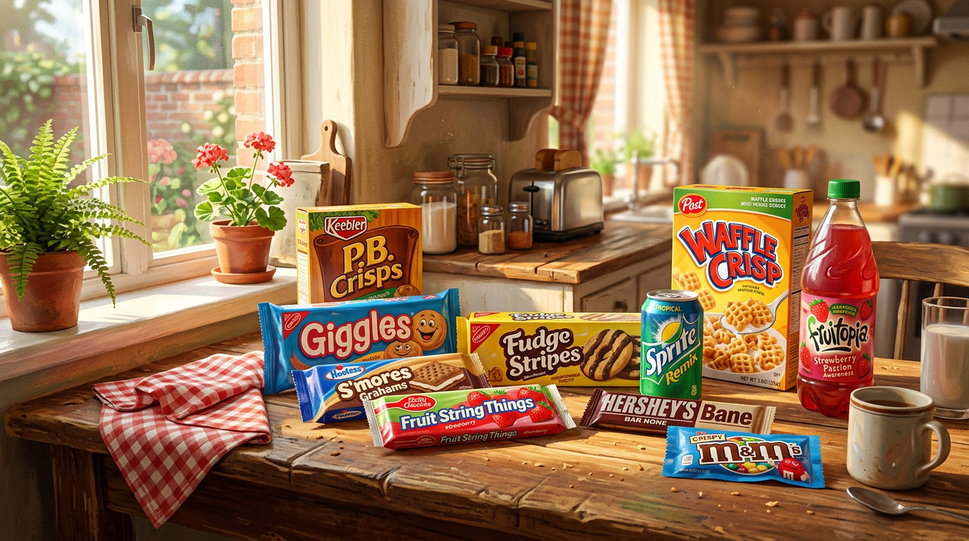 Assorted snack foods including Keebler P.B. Crisps, Hostess Giggles, Fudge Stripes, S'mores Grahams, Fruit String Things, Hershey's Bar None, M&M's, Waffle Crisp cereal, Sprite Remix can, and Fruitopia bottle on wooden kitchen table