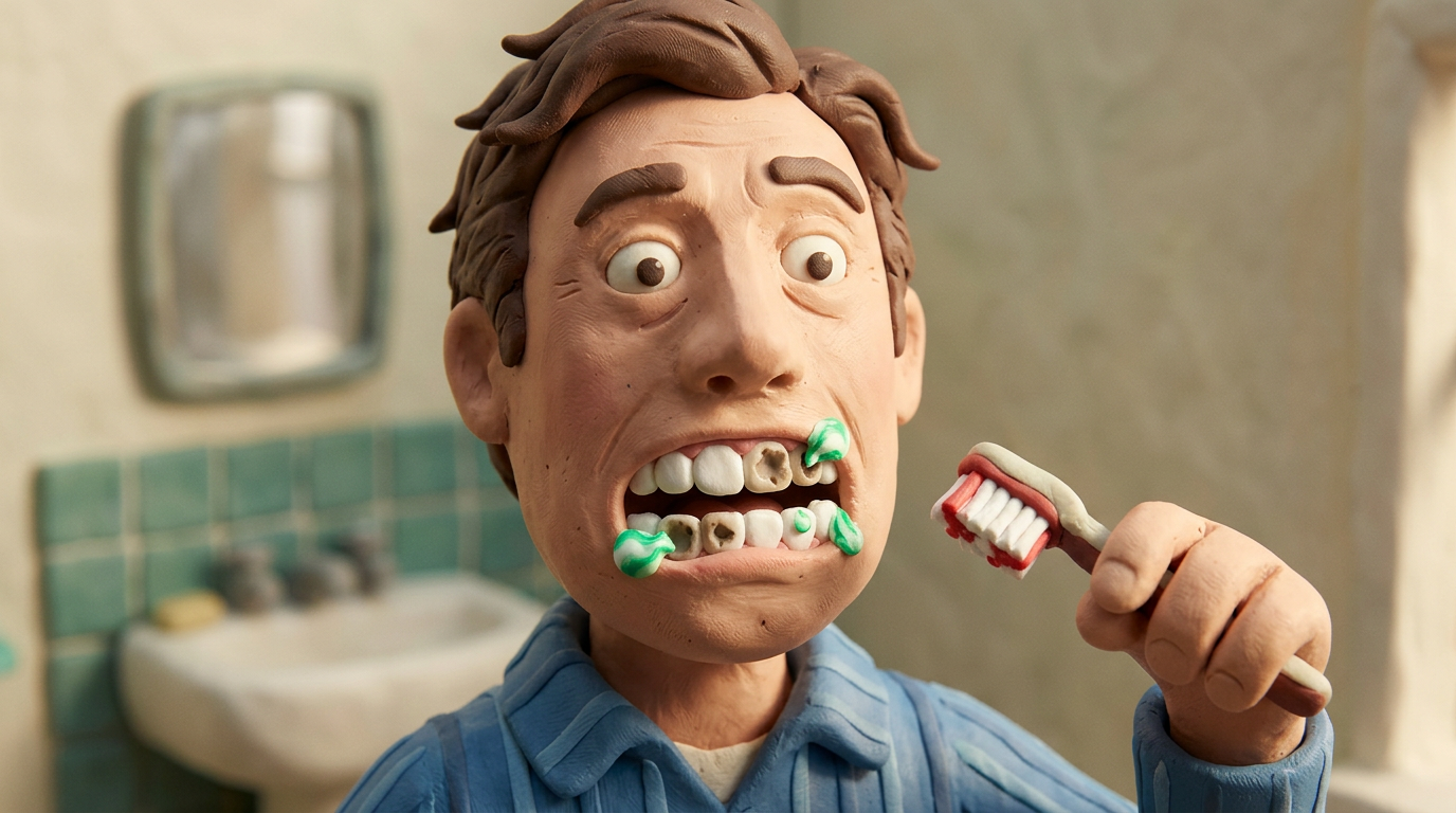 Clay figure of a man with decayed teeth applying toothpaste with a toothbrush