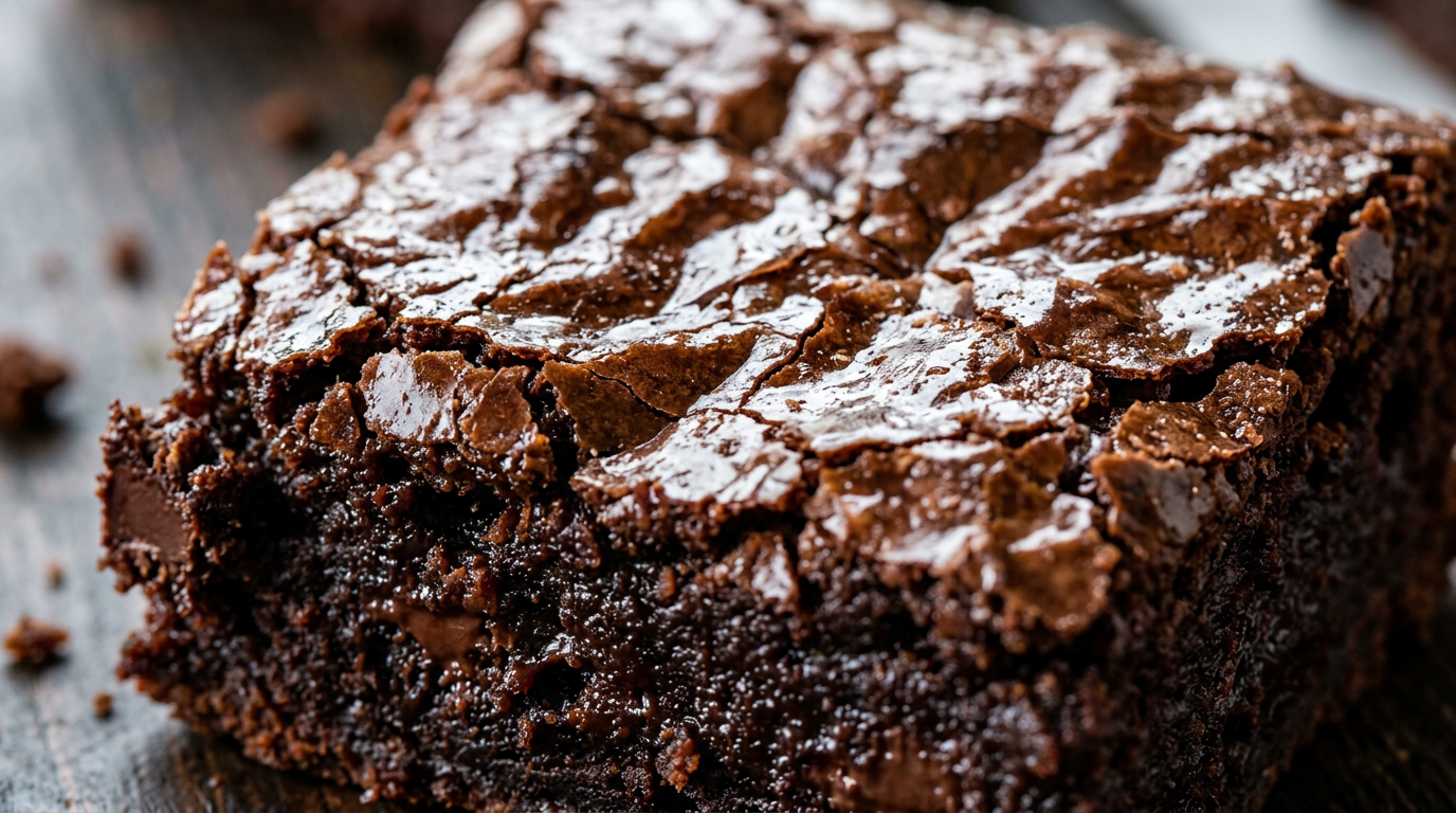 Close-up of a fudgy chocolate brownie slice with a cracked glossy surface