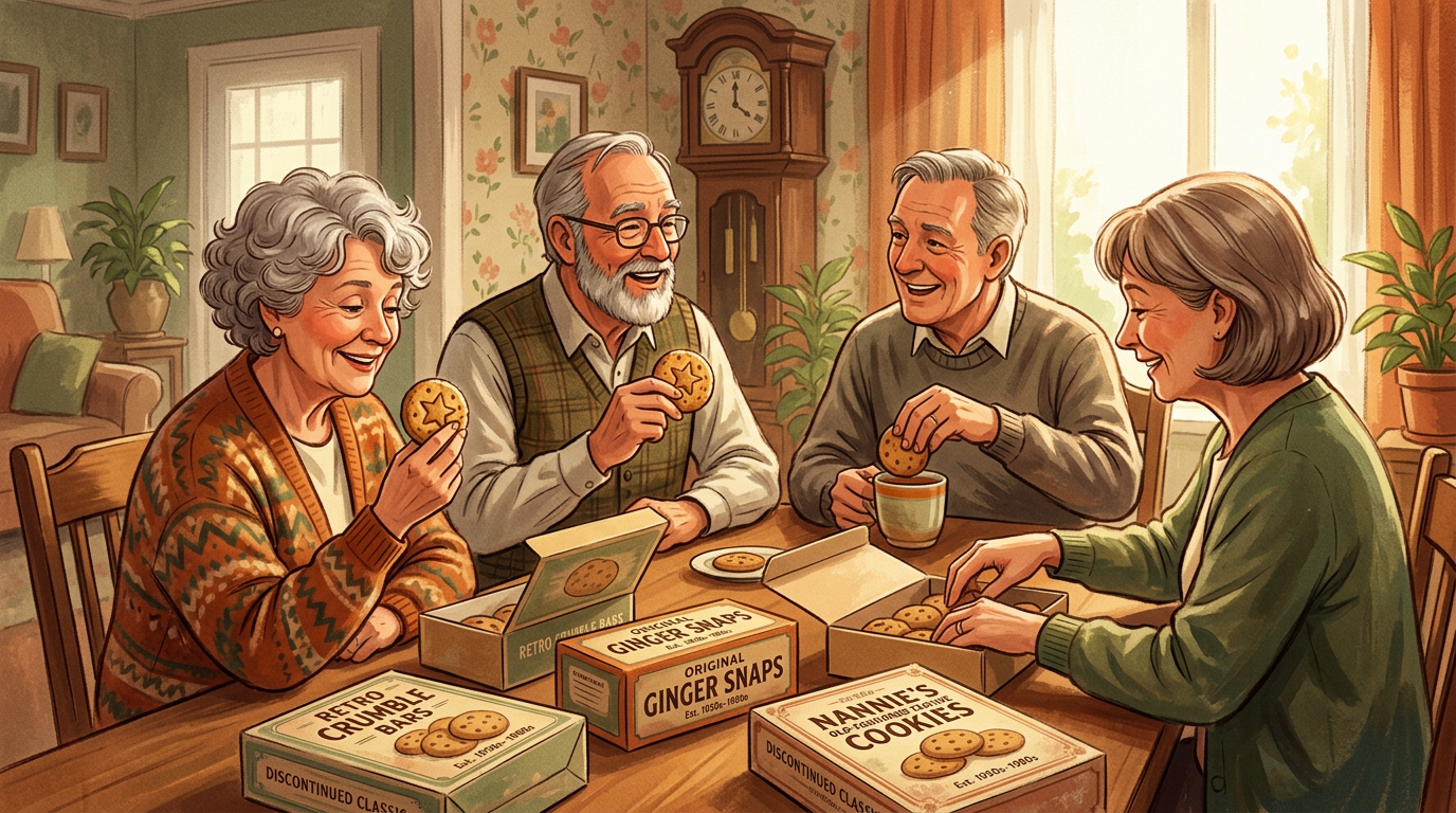 Four elderly people sitting at a wooden table sharing different types of cookies.