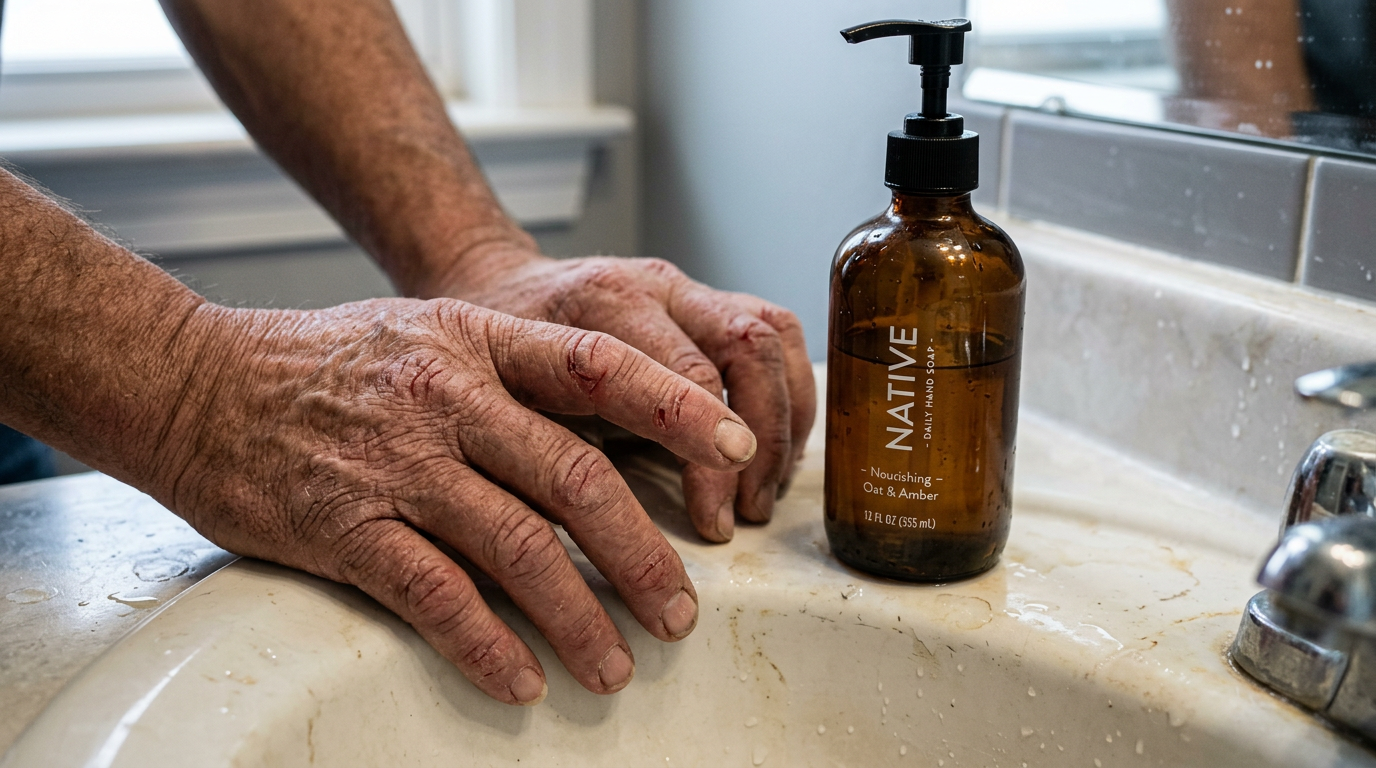 Hands with dry, cracked skin and cuts near brown bottle of Native nourishing hand soap on bathroom sink