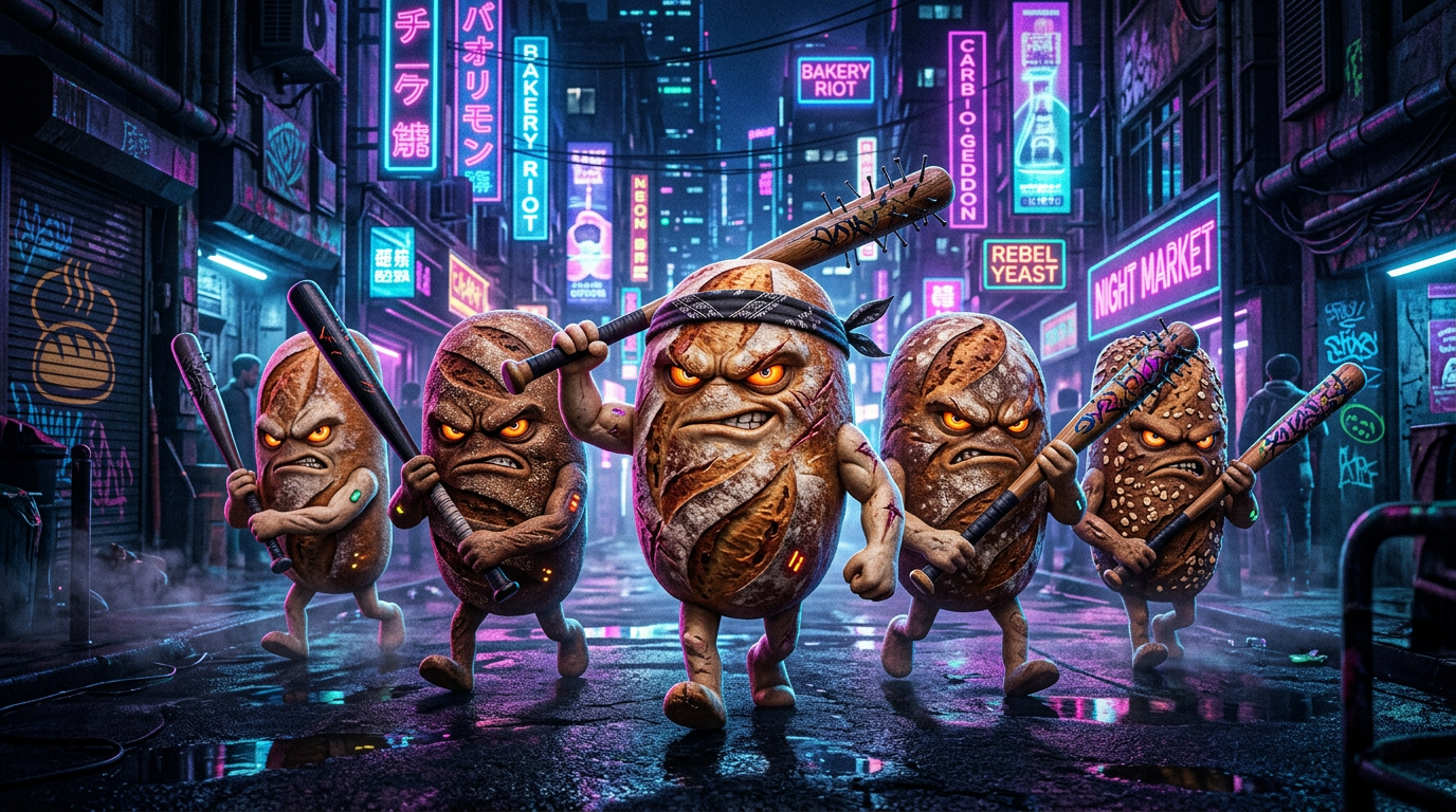 Five angry bread loaves with arms and legs holding baseball bats in a neon-lit urban alley