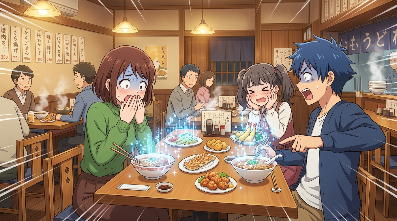 Three anime characters at a table with glowing ramen bowls and various dishes in a ramen shop