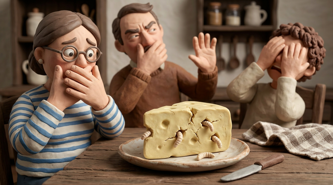 Three people covering their mouths and faces in disgust looking at a plate with cheese containing maggots