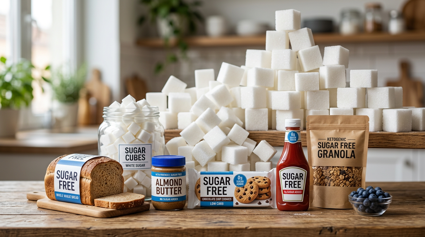 Various sugar-free packaged foods and a jar of sugar cubes stacked behind them