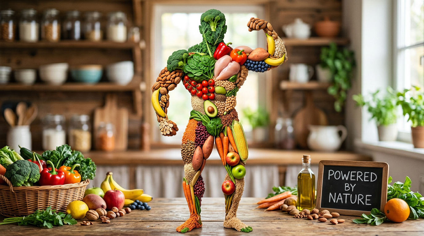 Wholesome foods forming muscular silhouette shape