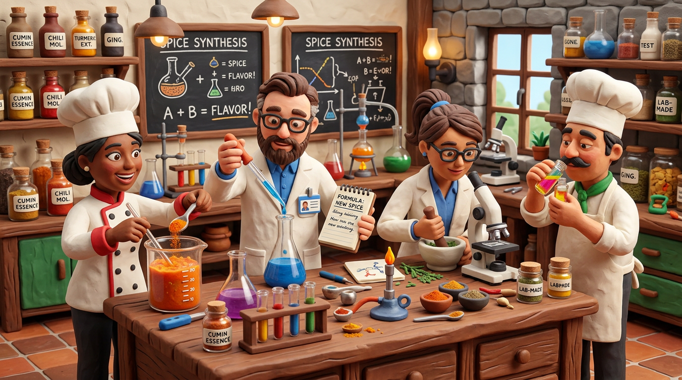 Scientists and chefs working with spices and lab equipment to create new flavors