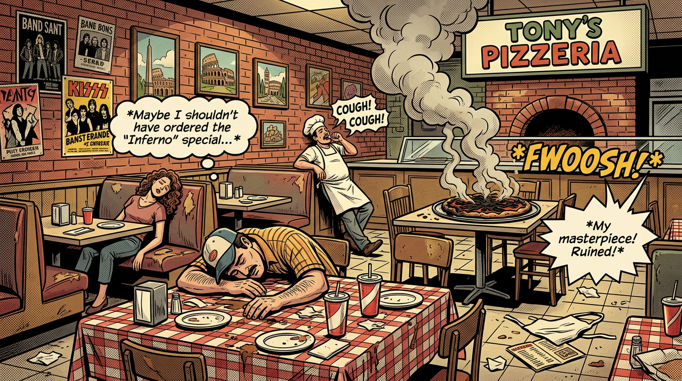 Burning pizza creating smoke in Tony's Pizzeria with people coughing and distressed