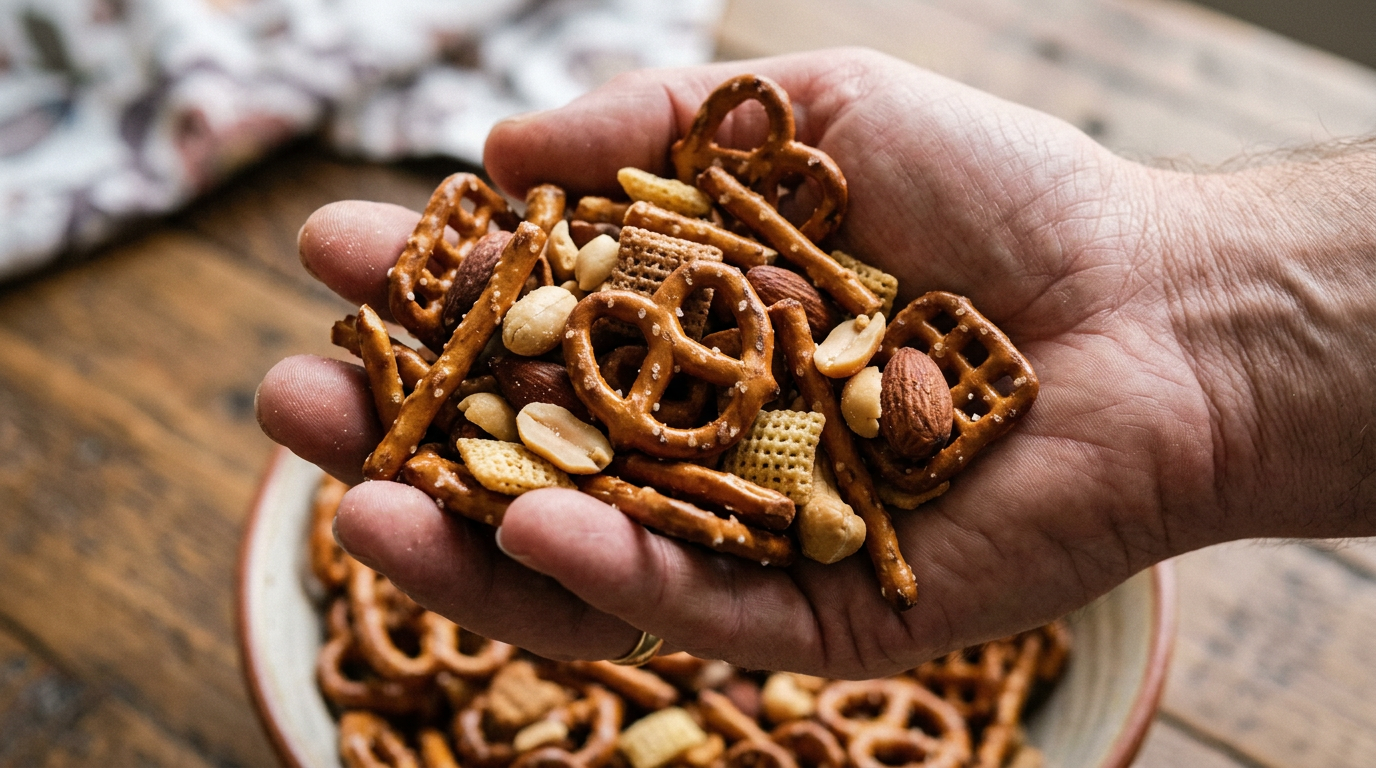 Hand holding mixed pretzels, almonds, peanuts, and cereal pieces