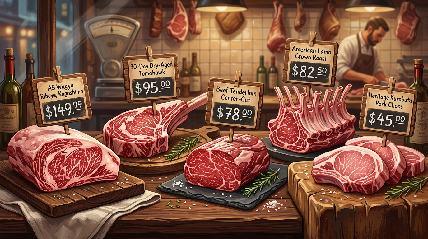 A5 Wagyu Ribeye for $149.99, 30-Day Dry-Aged Tomahawk for $95.00, Beef Tenderloin Center-Cut for $78.00, American Lamb Crown Roast for $82.50, Heritage Kurobuta Pork Chops for $45.00