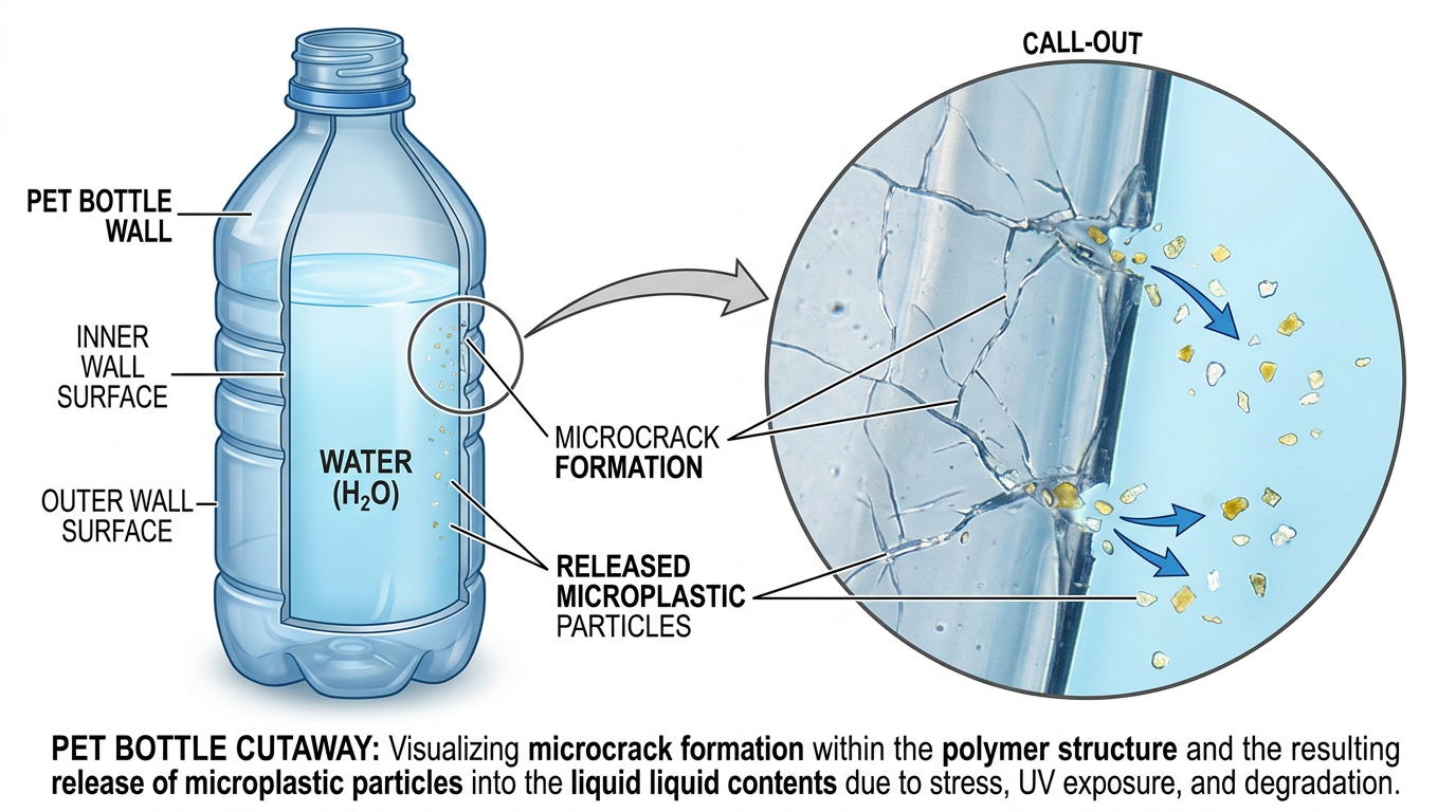 PET bottle with microcracks releasing microplastic particles into water