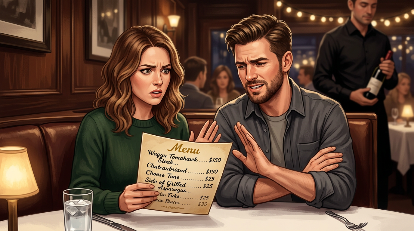Couple in restaurant looking shocked and concerned at expensive menu prices
