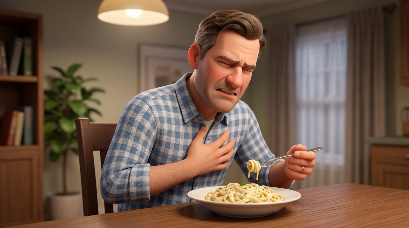 Man holding chest in pain sitting at table with plate of pasta