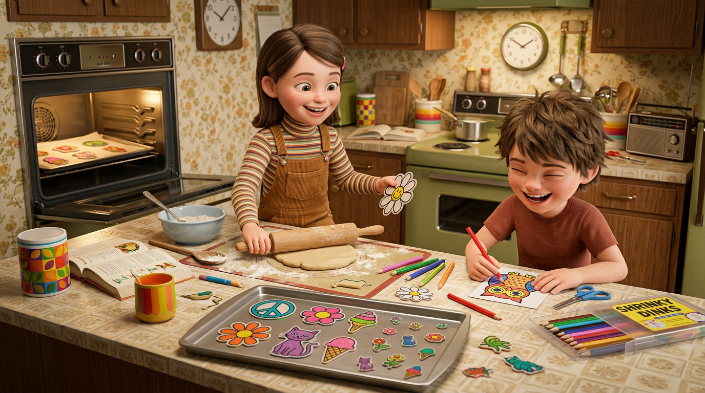 Two children in a retro kitchen making crafts and baking cookies