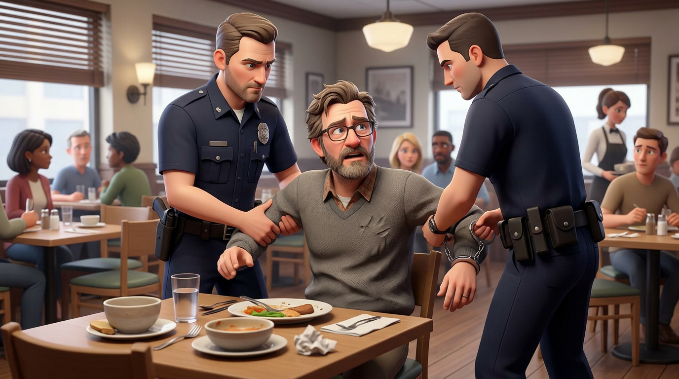 Two police officers handcuff a worried man sitting in a restaurant at a table with food