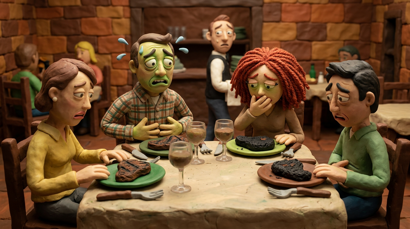 Four claymation figures at a table with burnt steaks looking disgusted and worried