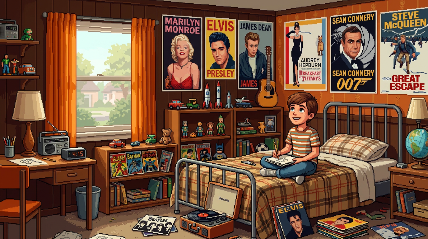 Child sitting cross-legged on bed drawing in a vintage-themed bedroom with posters of Marilyn Monroe, Elvis Presley, and James Dean