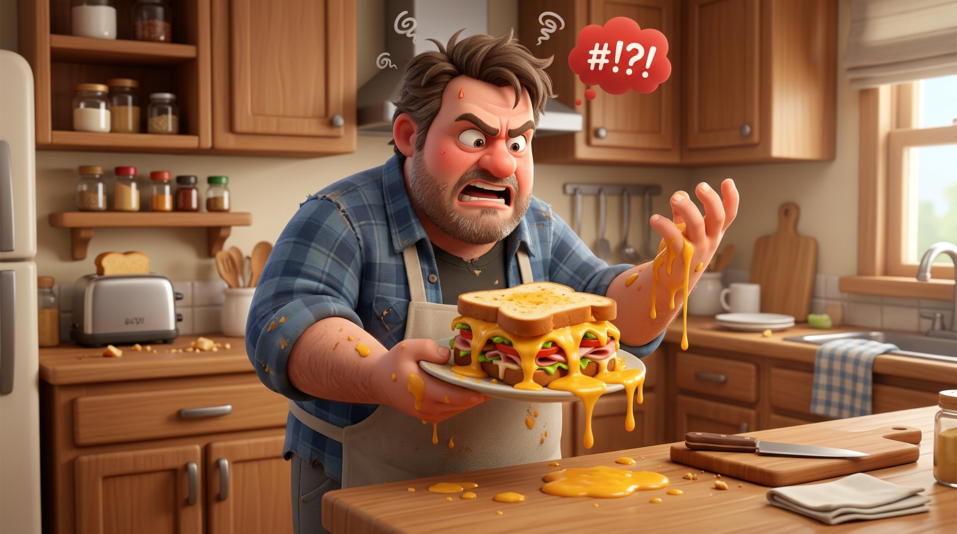 Upset man holding a sandwich dripping with melted cheese in a kitchen