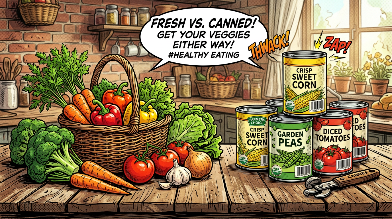 Fresh vegetables including carrots, tomatoes, broccoli, bell peppers, garlic, and lettuce beside canned sweet corn, garden peas, and diced tomatoes on a wooden table