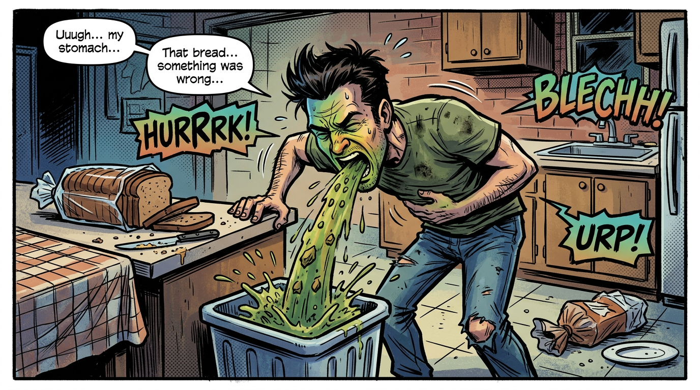 Man vomiting green liquid into a trash bin in a kitchen, holding his stomach