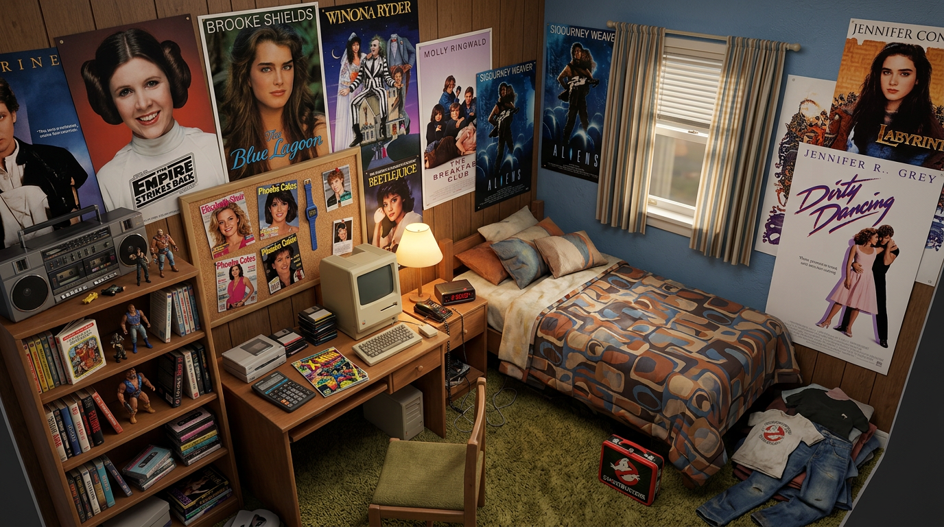 A 1980s-themed bedroom with retro posters, an old computer, a bed, and toys