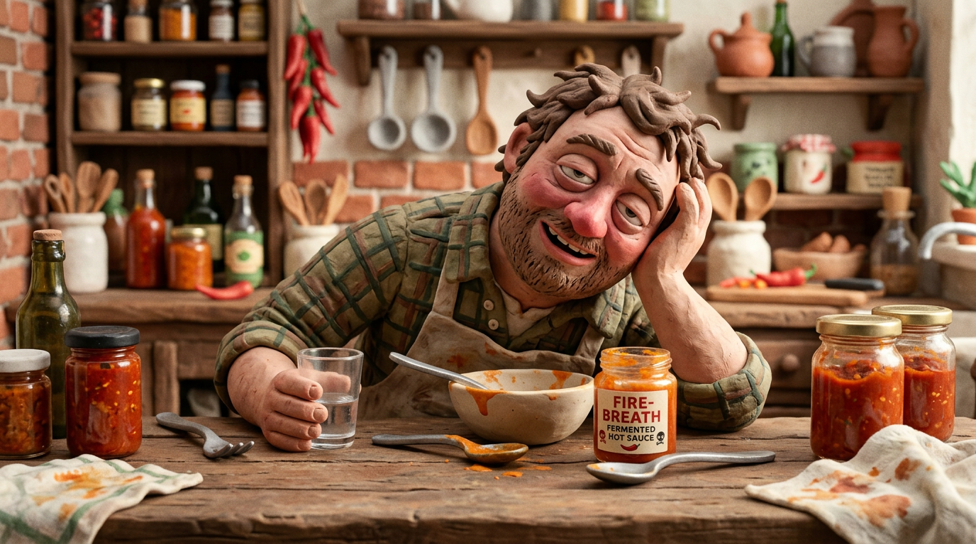 Tired man holding glass of water beside empty bowl and spicy hot sauce jar labeled Fire-Breath