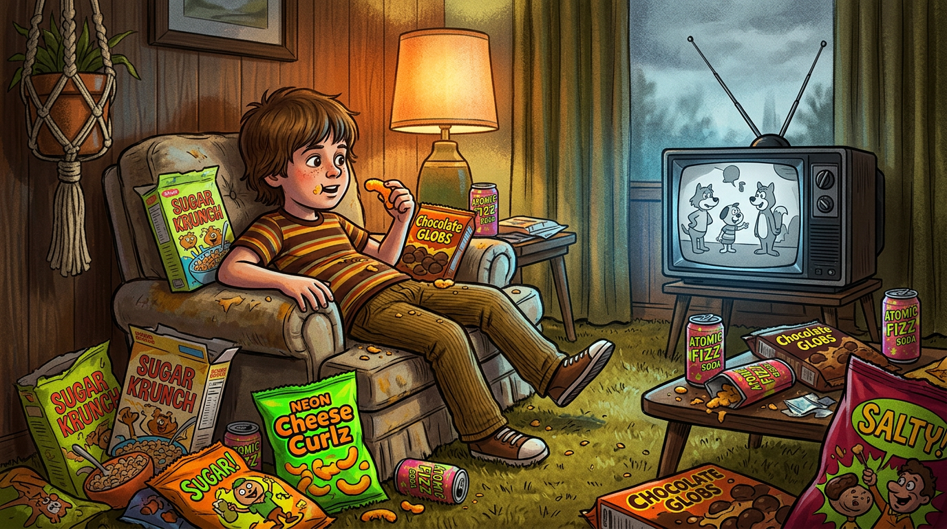 Child sitting in armchair eating cheese curls and other snacks while watching black-and-white cartoon on TV